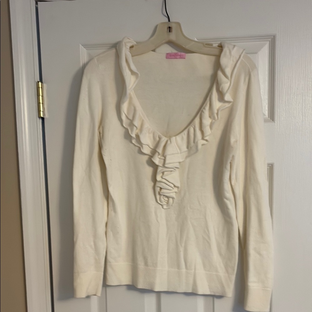 Lilly Pulitzer Cream Ruffled V-Neck Sweater
